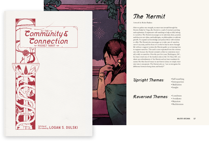 A mockup of the Community & Connection Tarot Workbook.