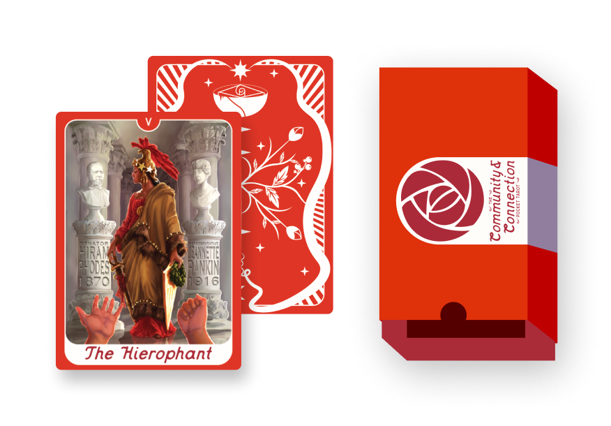 A mockup of the Community & Connection Tarot deck and it's packaging.